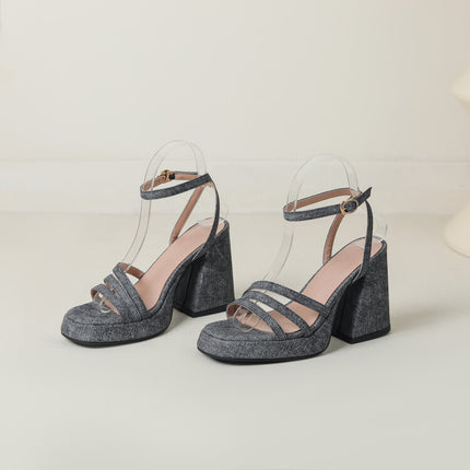 Buy Denim-strapped Sandals for Women with Round Toe & Chunky Heel
