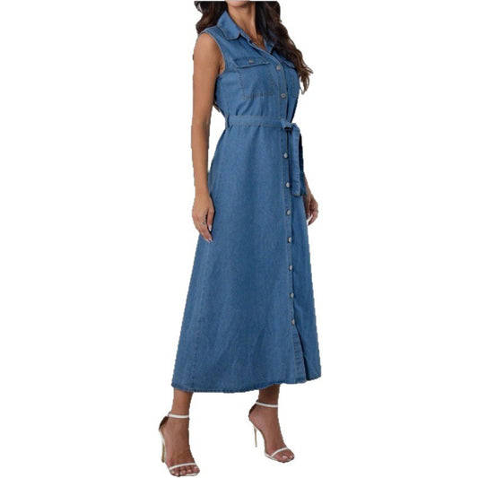 Classic Women's Denim Dress with Belt and Front Button Design