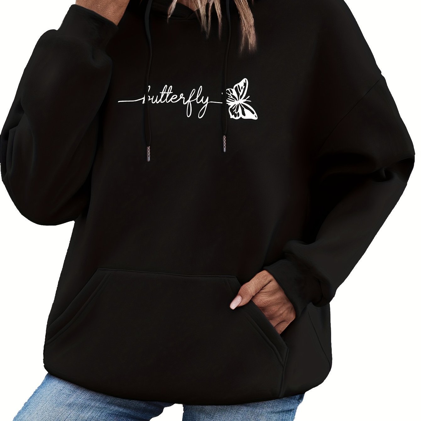 Women’s Casual Hoodie with Drawstring and Butterfly Print