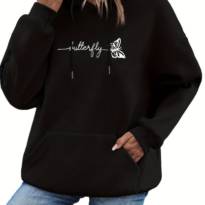 Women’s Casual Hoodie with Drawstring and Butterfly Print