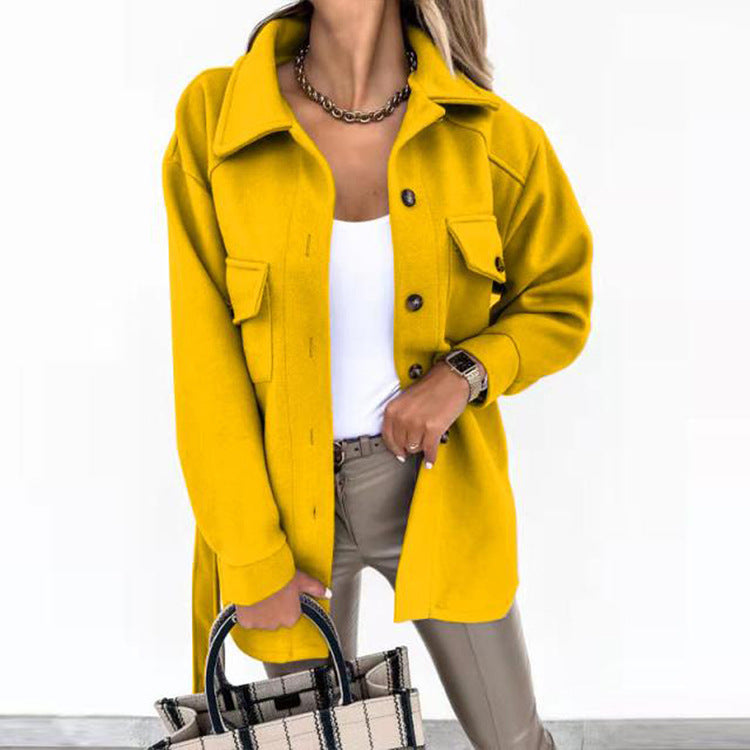 Buy Stylish Solid-Color Lapel Wool Coat With Button & Tie Details