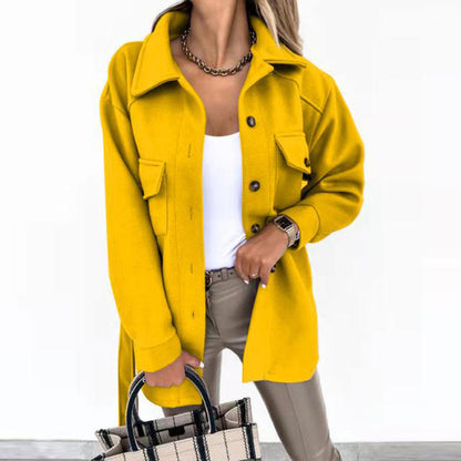 Buy Stylish Solid-Color Lapel Wool Coat With Button & Tie Details