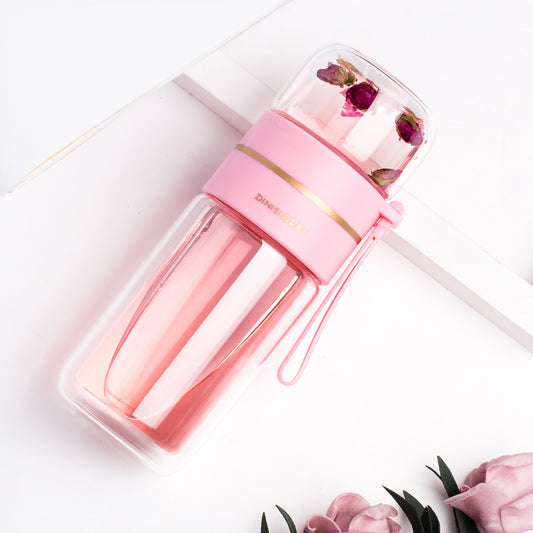 Glass Water Bottle with Tea Infuser Filter Double Wall Design