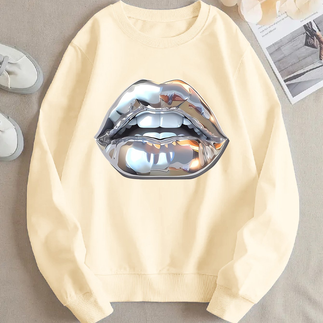 Buy Women’s Cartoon Silver Lip-Printed Sweatshirt for Casual Wear