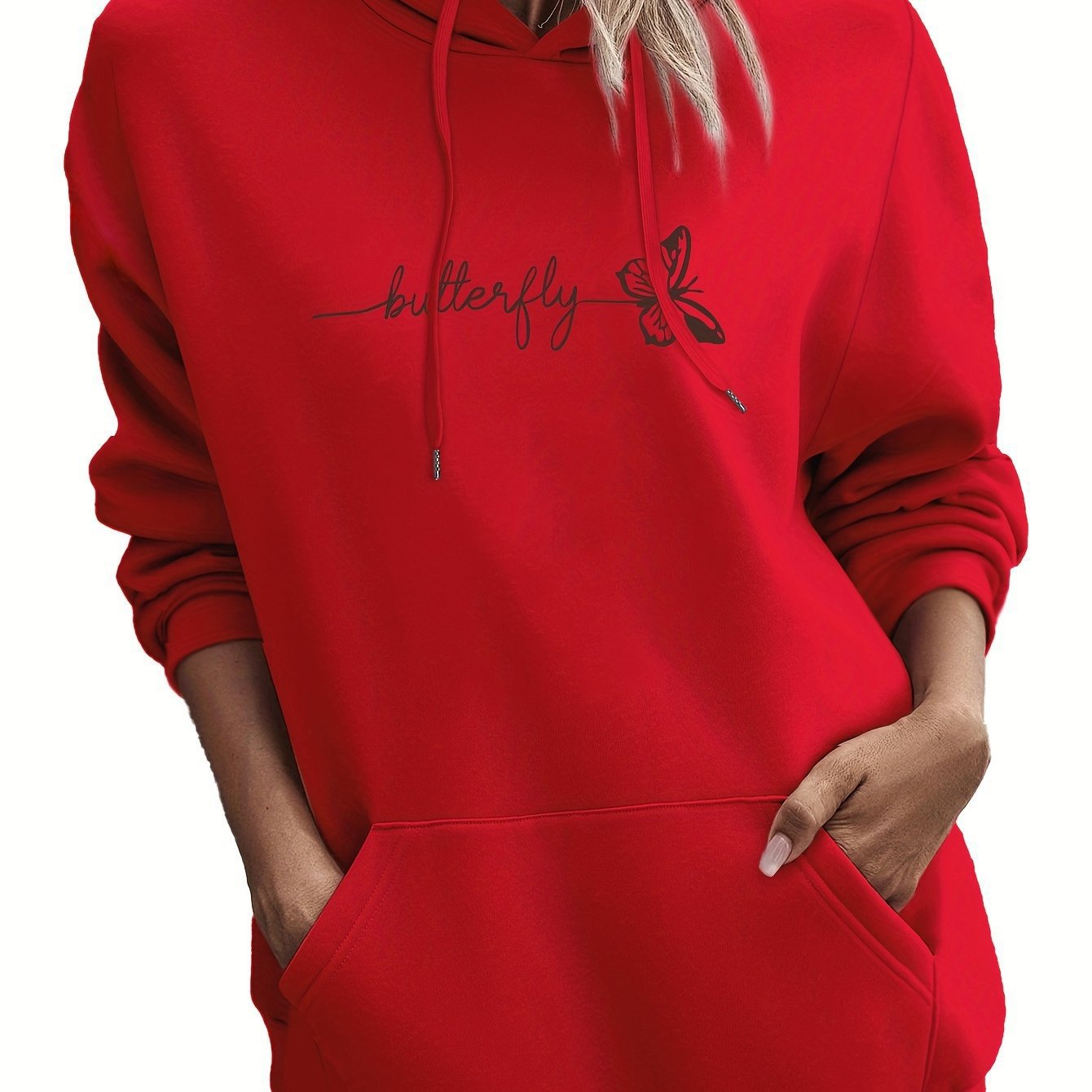 Women’s Casual Hoodie with Drawstring and Butterfly Print