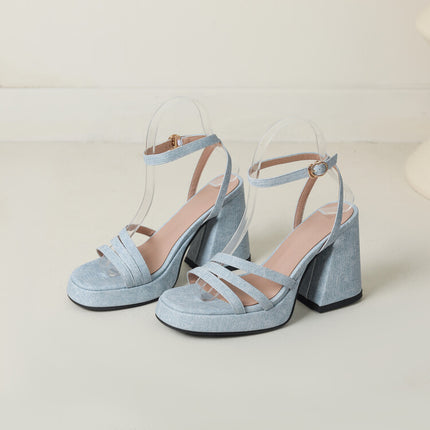 Buy Denim-strapped Sandals for Women with Round Toe & Chunky Heel