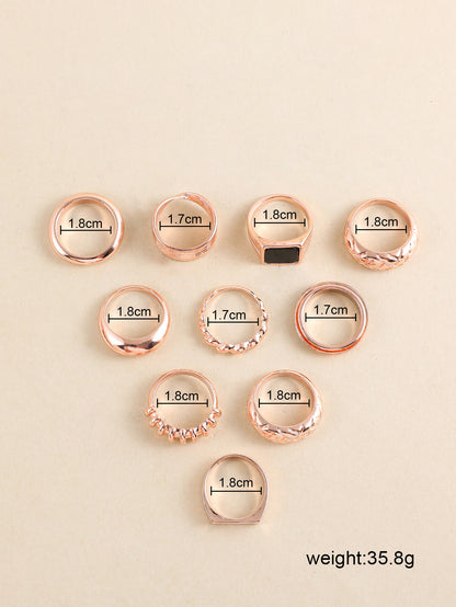 10-Piece Geometric Stackable Rings Set in Gold/Silver/Rose Gold