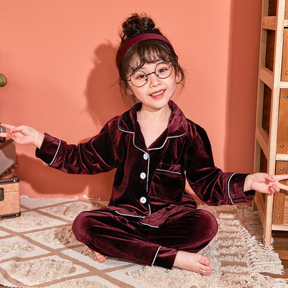 Children’s Gold Velvet Solid Color Pajamas Set Soft & Cozy