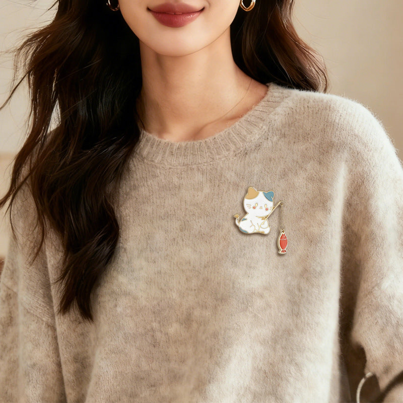Creative Cute Cat Fishing Couple Brooch Stylish Jewelry Pin