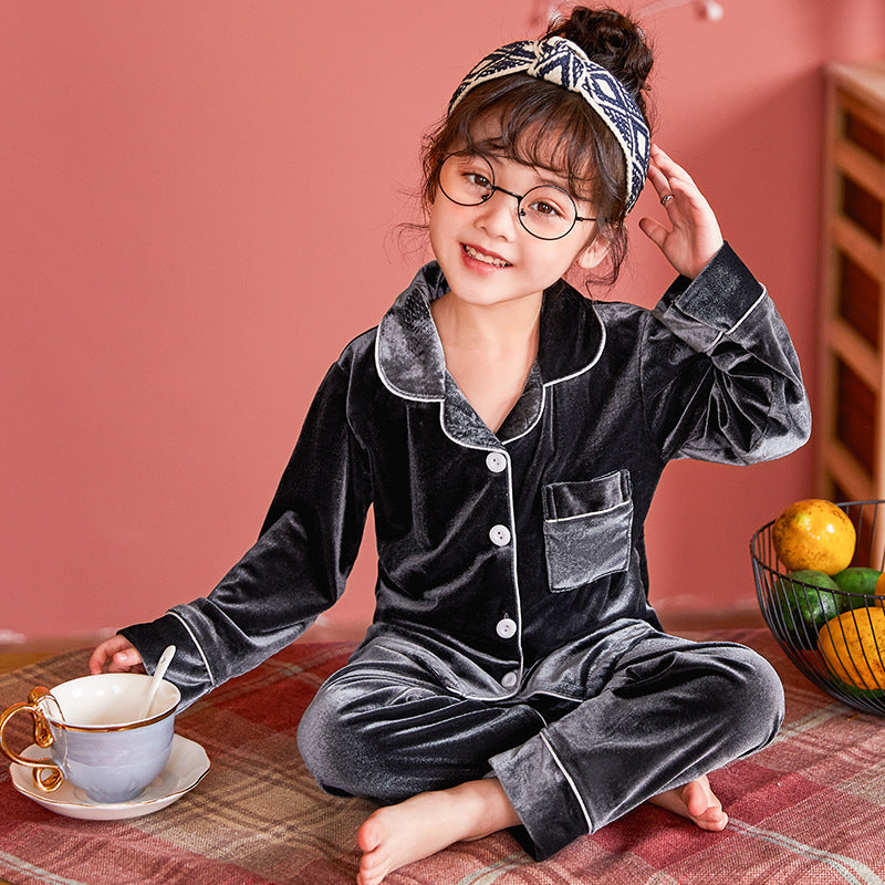 Children’s Gold Velvet Solid Color Pajamas Set Soft & Cozy