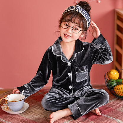 Children’s Gold Velvet Solid Color Pajamas Set Soft & Cozy