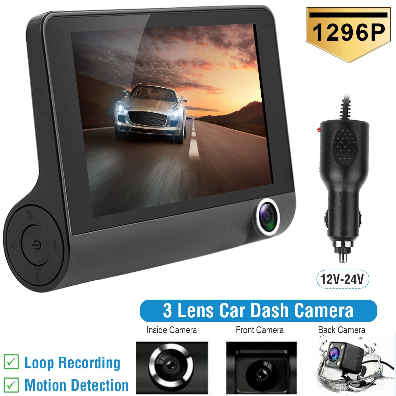 1296P Car DVR Dash Camera 4In 3 Lens Vehicle Recorder Kit Global swanky 1