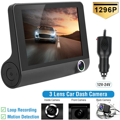 1296P Car DVR Dash Camera 4In 3 Lens Vehicle Recorder Kit Global swanky 1