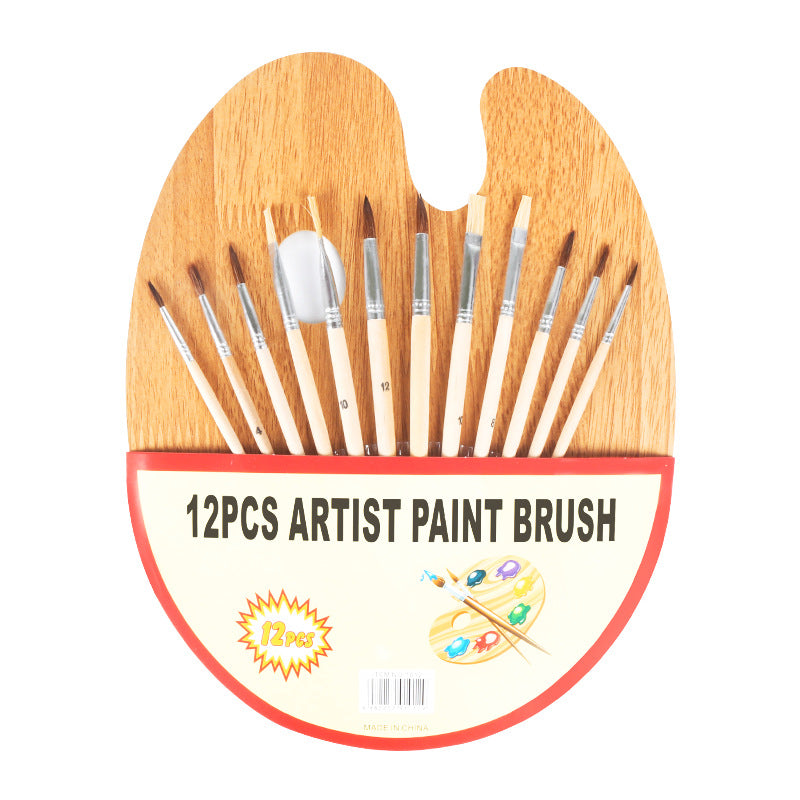 12 Piece Wood Handle Oil Painting Brush Set with Palette