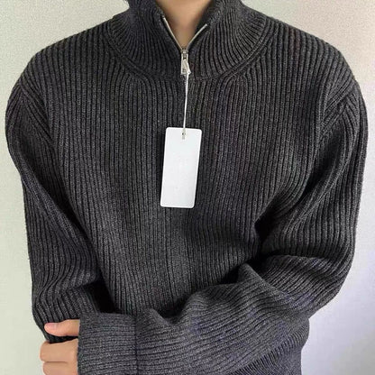 Men’s Cardigan Sweater with Stand Collar and Zipper Jacket