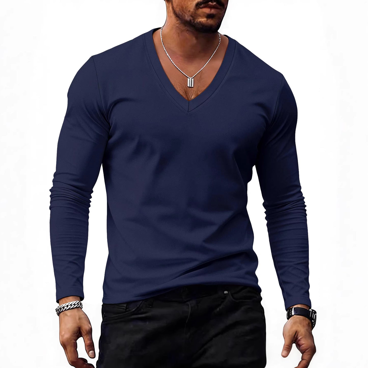 Men’s Solid-Color Plus-Size Casual V-Neck T-Shirt Trendy Style