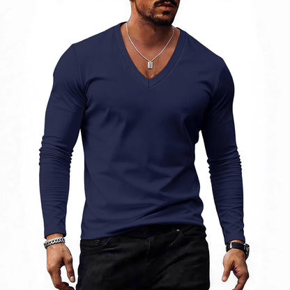 Men’s Solid-Color Plus-Size Casual V-Neck T-Shirt Trendy Style