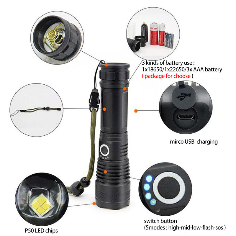 USB Charging Zoom P50 Flashlight – High Power LED Torch