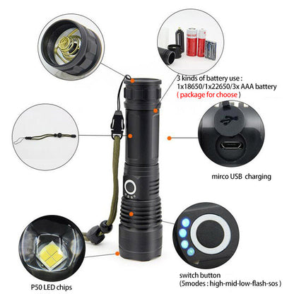 USB Charging Zoom P50 Flashlight – High Power LED Torch