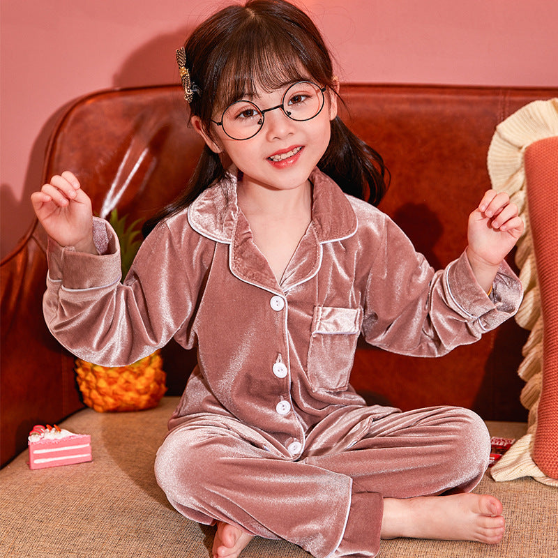 Children’s Gold Velvet Solid Color Pajamas Set Soft & Cozy