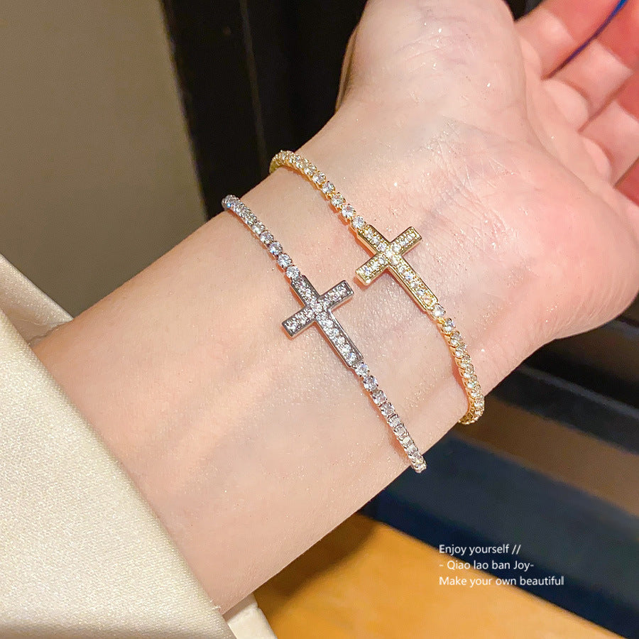 14K Gold Electroplated Zircon Cross Bracelet
