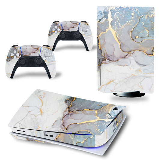 Gaming console and controllers with marble pattern skin on a white background global swanky 6