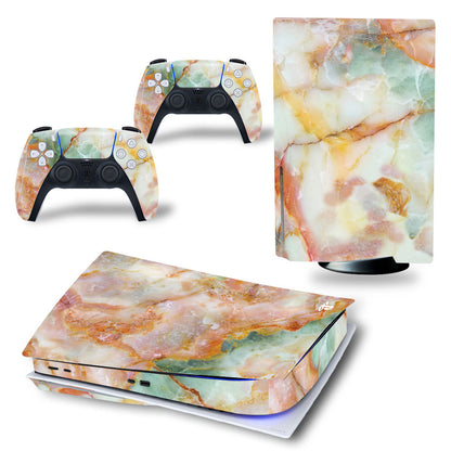 Gaming console and controllers with marble pattern skin on a white background global swanky 4