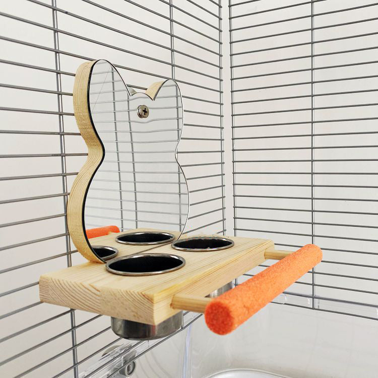 Parrot Toy Stand – Stainless Steel Food Cup, Mirror & Claw Grinder