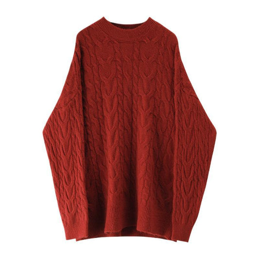 Women's Red Twisted Cable-Knit Pullover Sweater Fall-Winter