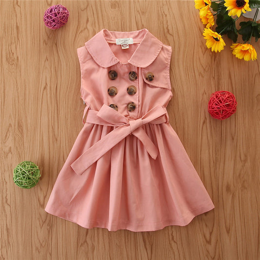 Toddler Baby Girl Dress Sleeveless Sash Button A-Line Summer