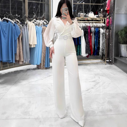 Fashionable Fitted Jumpsuit & Pleated Sleeves Blazer Collar