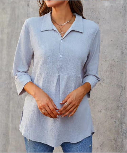 Solid-Color Peplum Women's Shirt – Lapel-Neck and Slit Detail