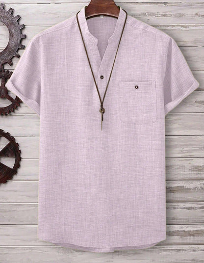 Men’s Casual Short-Sleeve Solid-Color Shirt Turn-Down Collar
