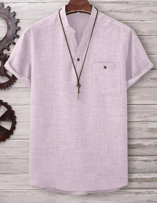 Men’s Casual Short-Sleeve Solid-Color Shirt Turn-Down Collar