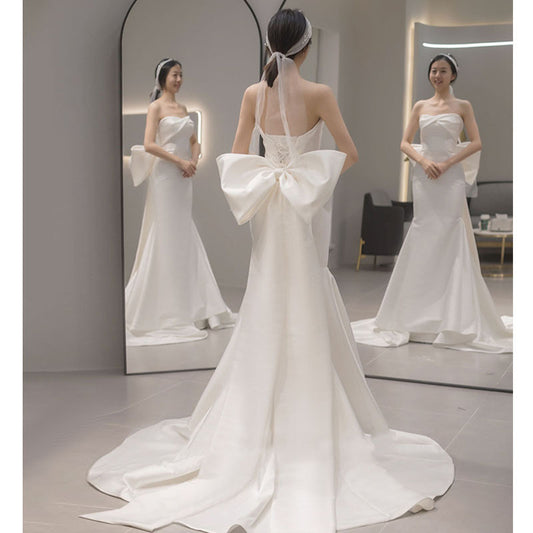 White satin strapless lightweight wedding dress