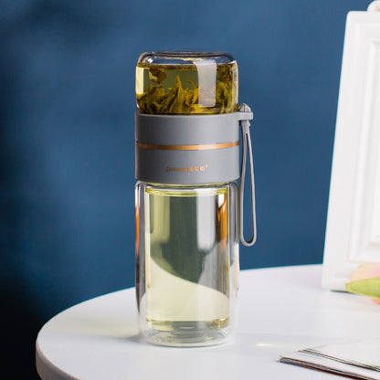 Glass Water Bottle with Tea Infuser Filter Double Wall Design