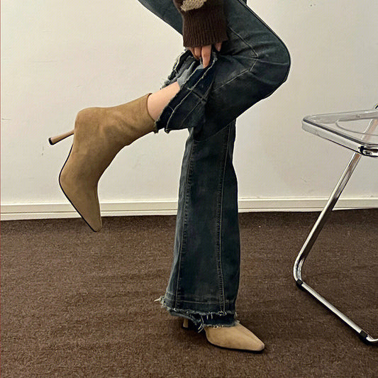 Stylish Women's Mid-Calf High Heels with Slim Suede Design