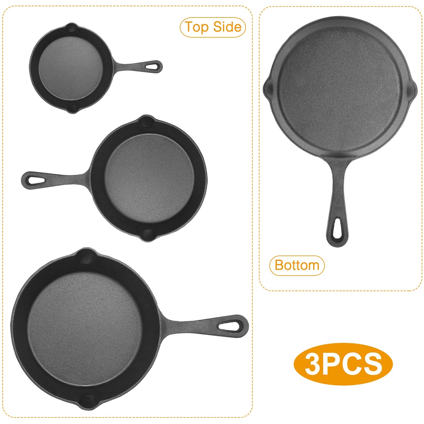 Cast Iron Skillet Set 3Pcs Pre-Seasoned Oven Safe Frying Pans