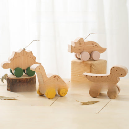 1 piece of birch wood Montessori toy dinosaur with wheels, multi-variant style