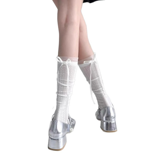 Buy Ballet-Style Hollowed-Out Mid-Calf Socks With Bow-Tie Ribbon