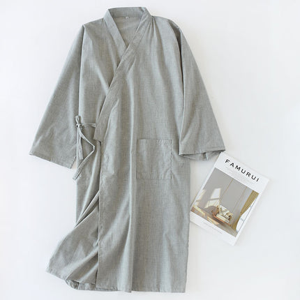 Men’s Woven Cotton Mid-Length Nightgown Bathrobe Comfortable