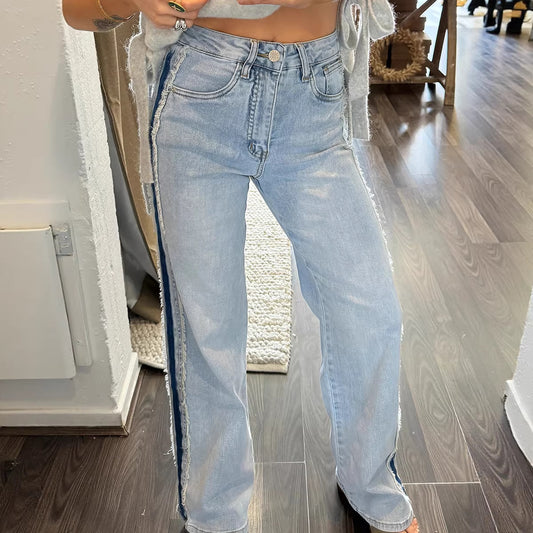 Buy Stylish Versatile Women’s Distressed Straight Jeans With Trim