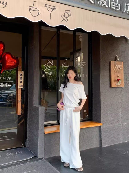 White Drawstring Wide-Leg Pants Pendulous Style for Girls