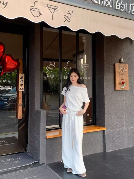 White Drawstring Wide-Leg Pants Pendulous Style for Girls