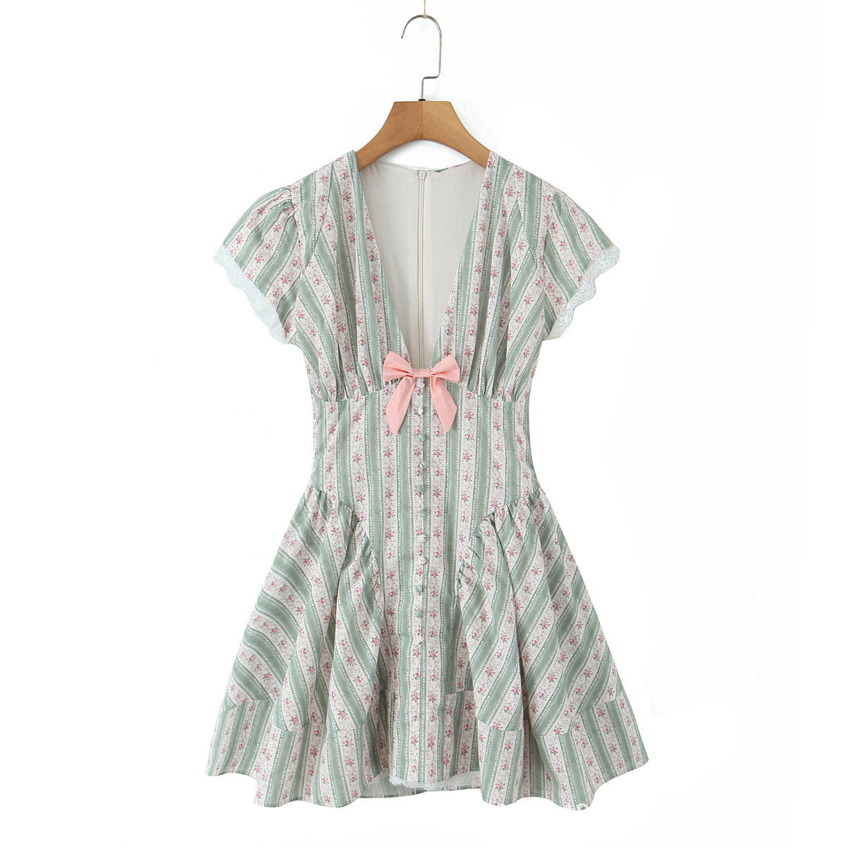 Beautiful French-style Floral Print Mini Dress with Bow Lace