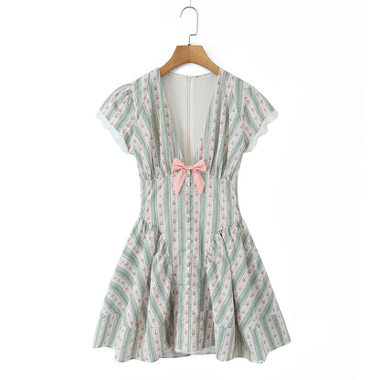 Beautiful French-style Floral Print Mini Dress with Bow Lace