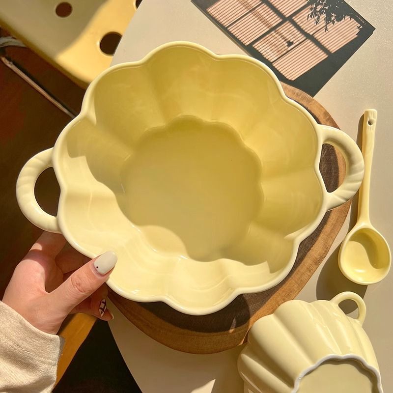 Double Eared Ceramic Soup Bowl with Floral Design