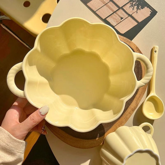 Double Eared Ceramic Soup Bowl with Floral Design