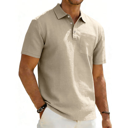 Men's Lapel Polo Shirt Linen Pocket T-Shirt