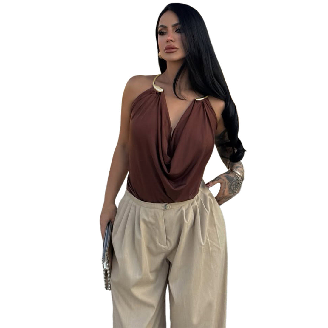 Stylish Solid-Color Low-Cut Metal Halter Bodycon Tank Top